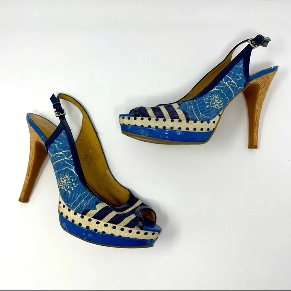 Nine West Blue Patterned Cork Heel Slingback Peep Toe Pumps Size 10 - Picture 1 of 8